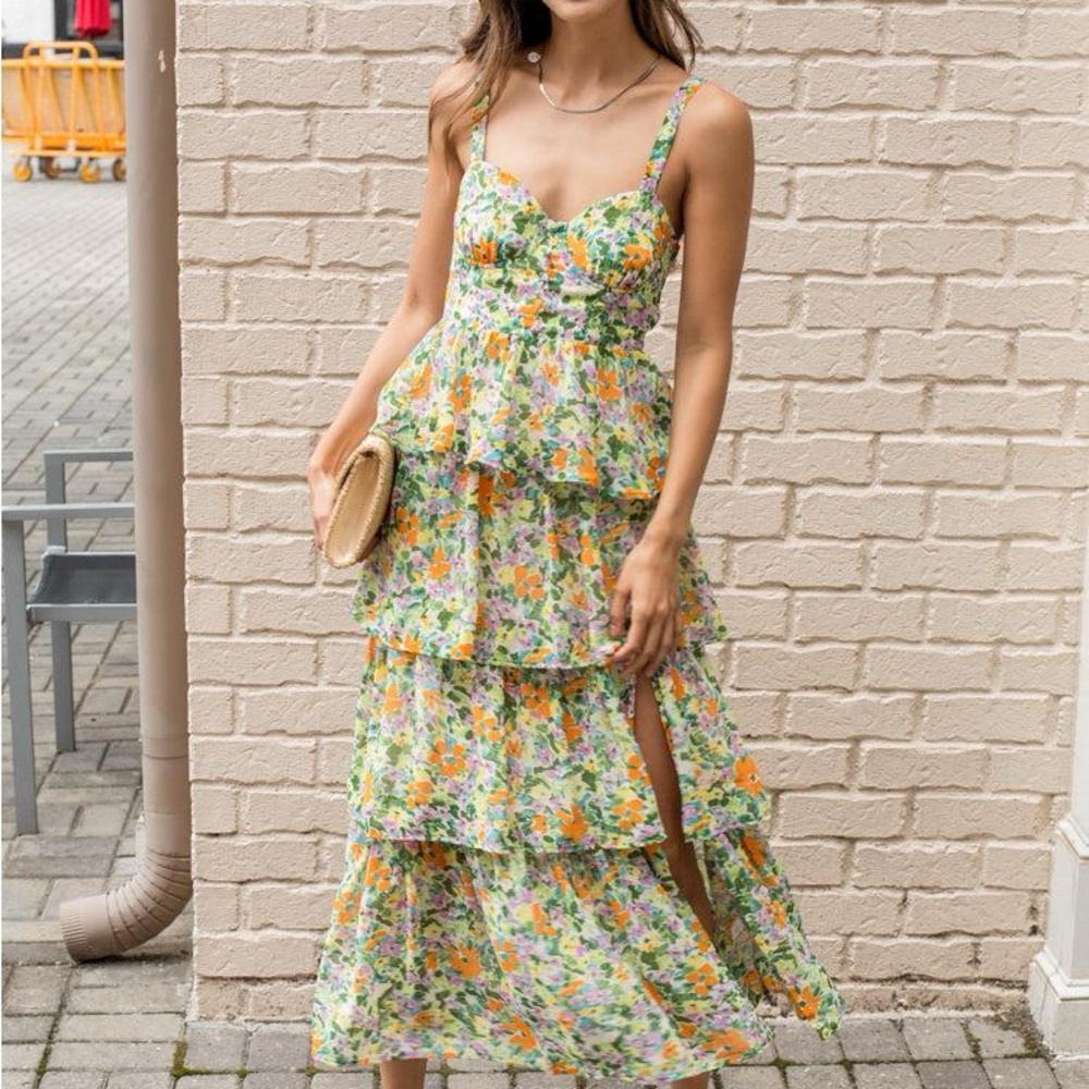 Astr Floral Tiered Midi Dress in White, Green, Orange